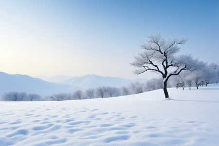 Lonely trees and distant mountains in the winter snow sceneの素材
