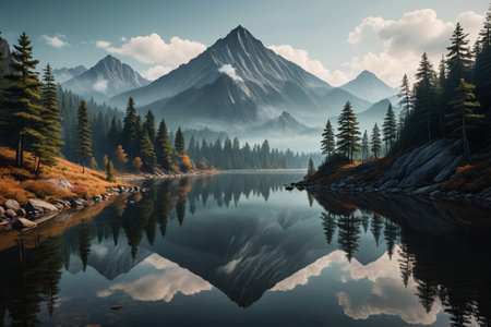 Panoramic view of natural scenery of mountains, forests and lakesの素材