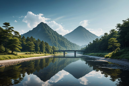 Landscape of bridges over rivers between mountains and riversの素材