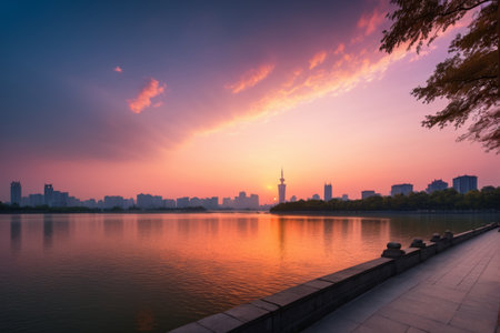 Sunset skyline view of the lakeside cityの素材
