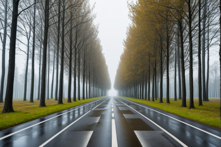 Misty tree lined road natural sceneryの素材