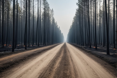 The charred pine trees lining the forest dirt roadの素材