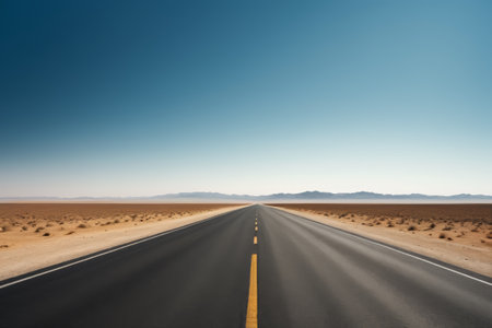 A wide road stretches across the desertの素材