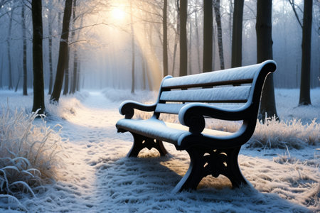 Park bench scenery after winter snowの素材