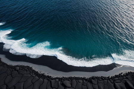 Overlooking the waves crashing on the black sand beachの素材