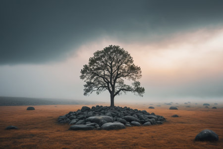 Landscape of lone trees and rock piles in the wildernessの素材