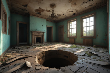Broken floors and peeling walls in abandoned roomsの素材