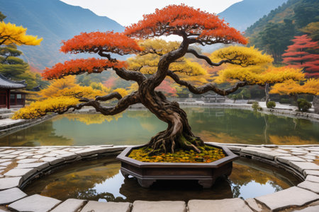 Red maple bonsai and landscape scenery in the courtyardの素材