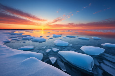 Sea ice floats and sunset glow landscapeの素材