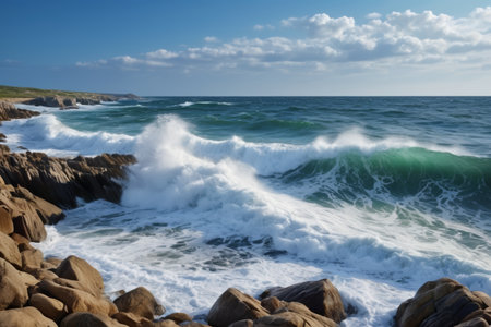 Natural landscape with waves crashing against rocks on the shoreの素材