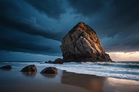 Huge rock and wave landscape on the beachの素材