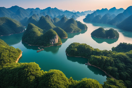 Panoramic view of nature surrounded by mountains and riversの素材