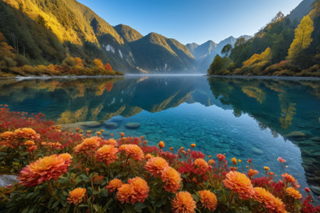 Natural landscape with flowers blooming by the lakeの素材