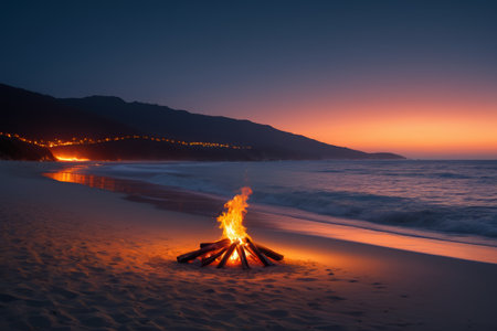 Beach bonfire and dusk sea viewの素材