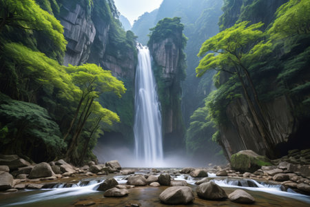 Mountain waterfalls and lush forest landscapeの素材