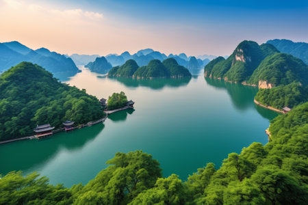 Panoramic view of natural scenery with mountains and riversの素材