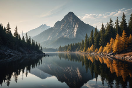 Panoramic view of natural scenery of mountains, forests and lakesの素材