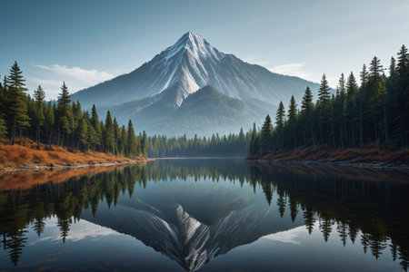 Reflecting scenery of mountains, lakes and snow capped mountainsの素材