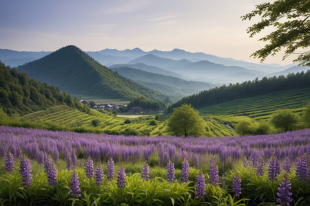 Purple flower fields and pastoral scenery in the mountainsの素材