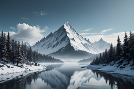 Snow Mountain Forest Lake Natural Sceneryの素材