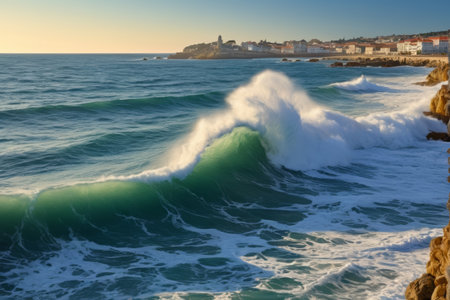The sight of waves crashing on the coastの素材