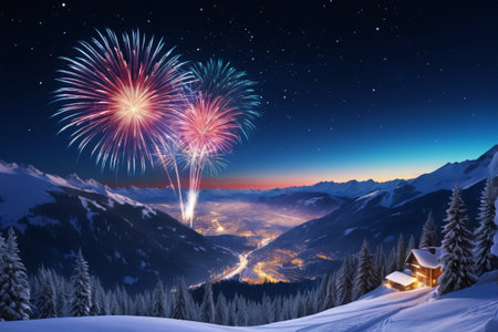 Brilliant fireworks in the snowy mountain night viewの素材