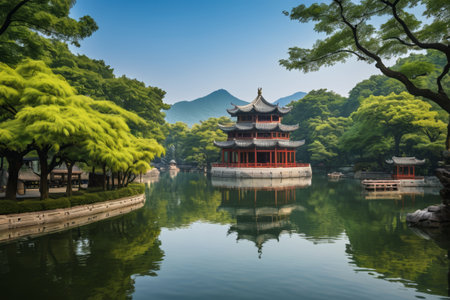 Natural scenery by the Chinese pavilion lakeの素材
