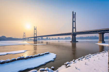 View of the cross river bridge on the river in winterの素材