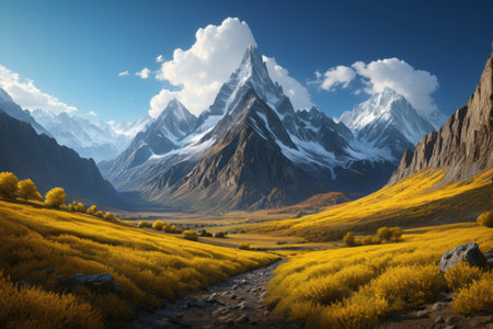 Golden meadows and towering snow capped mountains in the valleyの素材