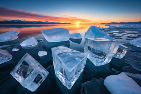 A view of floating ice on the lake at sunsetの素材