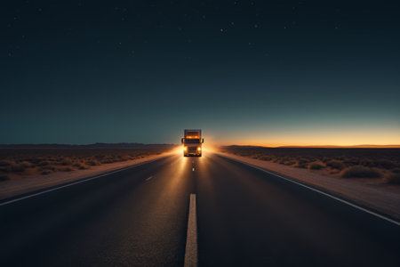 Trucks driving on the road at nightの素材