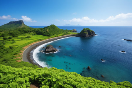 Lush hills and turquoise waters along the coastの素材