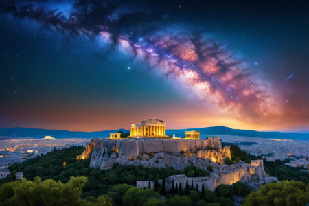 Night view of the starry sky on the Acropolis in Athens, Greeceの素材