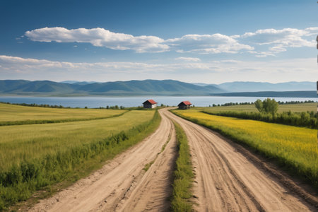 Field country road with view of the cabin in the distanceの素材