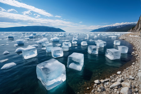 Floating ice on the water and shore sceneryの素材