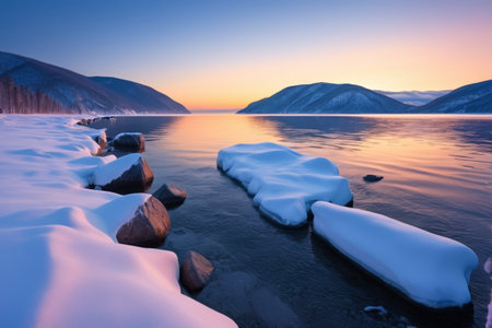 Snow-covered lake rocksの素材
