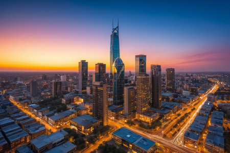 Panoramic bird's eye view of the sunset from the city's high rise buildingsの素材