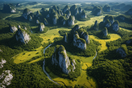 Aerial photography of karst landforms and pastoral sceneryの素材