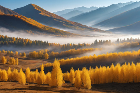 Golden forests and distant mountains in the valley in autumnの素材