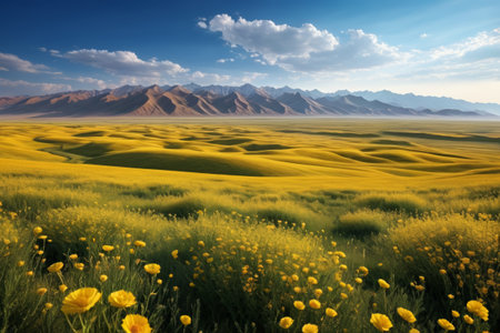 The sea of yellow flowers and distant mountains in the vast wildernessの素材