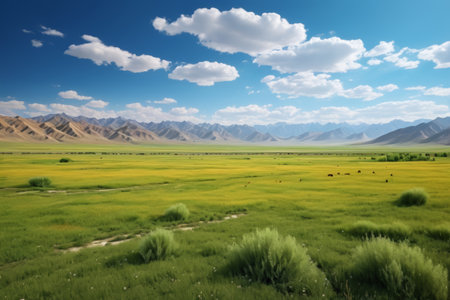 The natural scenery of grasslands and distant mountainsの素材