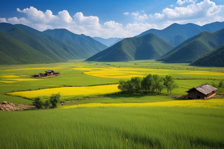Yellow and green pastoral scenery in the mountainsの素材