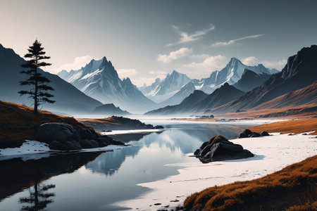Panoramic view of the natural scenery of Snow Mountain Lakeの素材