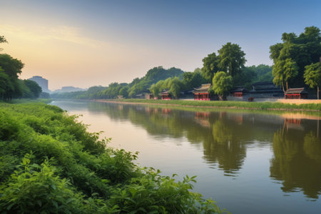 Riverside ancient buildings and natural sceneryの素材
