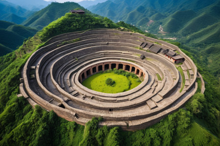 Aerial photography of the natural scenery of the circular earthen buildingの素材