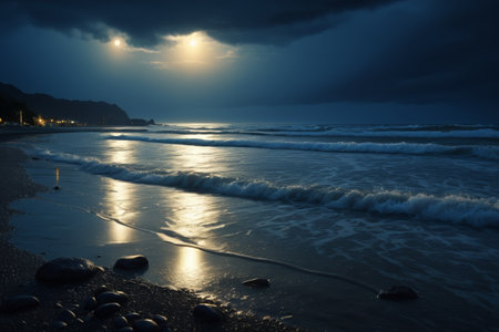 Beach and ocean views on a moonlit nightの素材