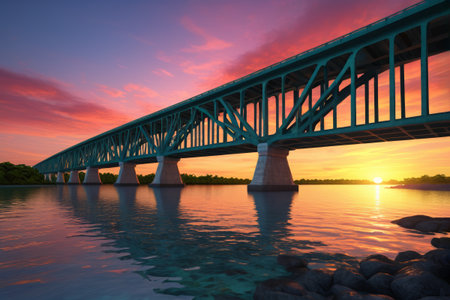 View of the cross river bridge at sunsetの素材