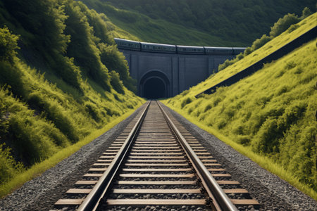 Train exiting a mountain tunnel sceneの素材