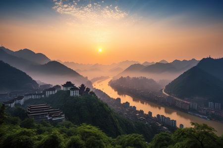 Panoramic view of sunrise over the mountain cityの素材