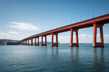 Long view of the Red Bridge at seaの素材